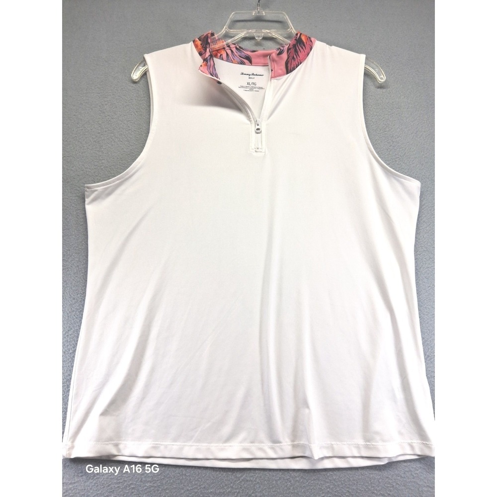 Tommy Bahama Golf 1/4 Zip Shirt Size XL Pink White Sleeveless Floral Athletic
